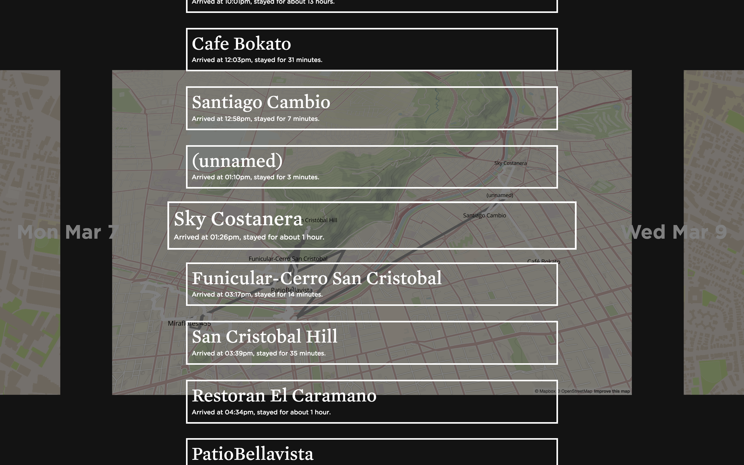 Over the map, a list of destinations.